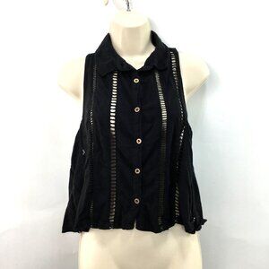Free People Dandy Cut out Front Black Crop Lightweight Button Tank Top Women's M